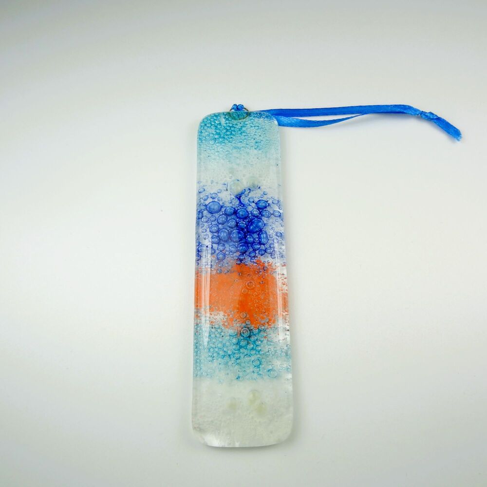 Handcrafted bubble fused glass suncatcher - blue white orange - 3cm x 12cm (#0132)