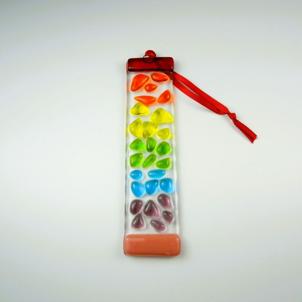 Handcrafted multi-coloured mosaic patterned fused glass long suncatcher - 3cm x 12cm (#0131)