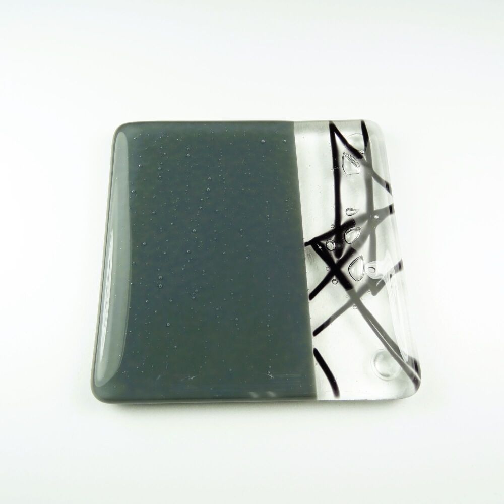 Handcrafted fused glass grey collage coaster, with bumper feet, 9cm (#0143)