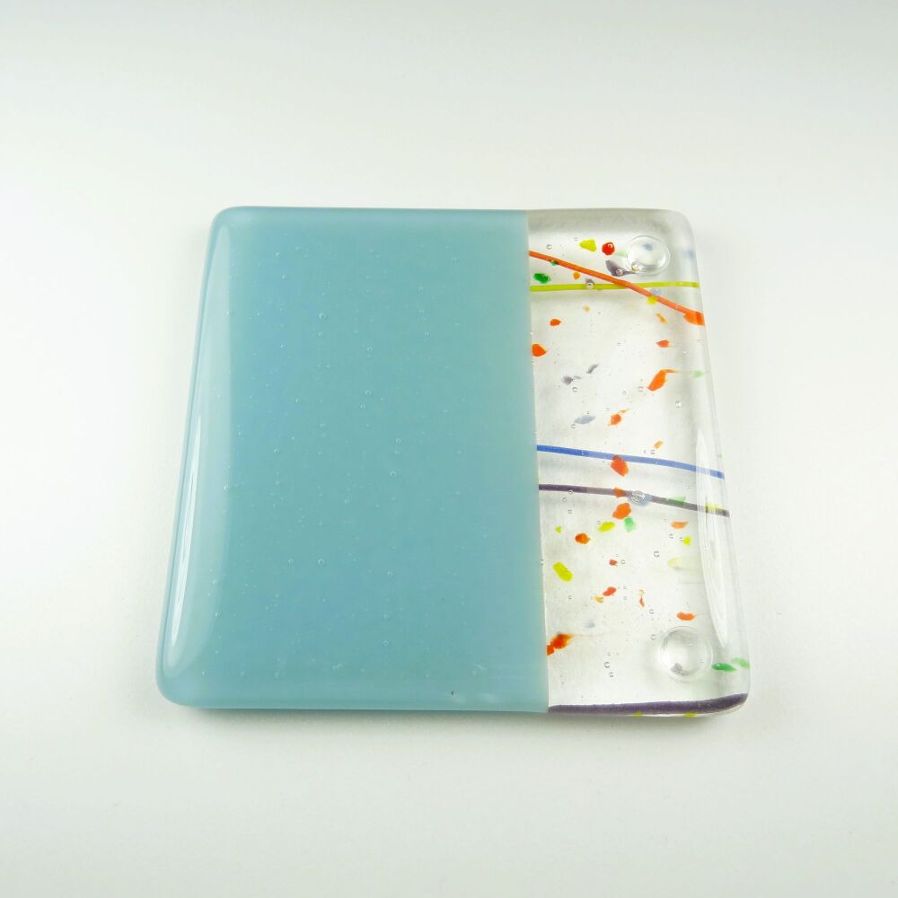 Handcrafted fused glass blue collage coaster, with bumper feet, 9cm (#0139)