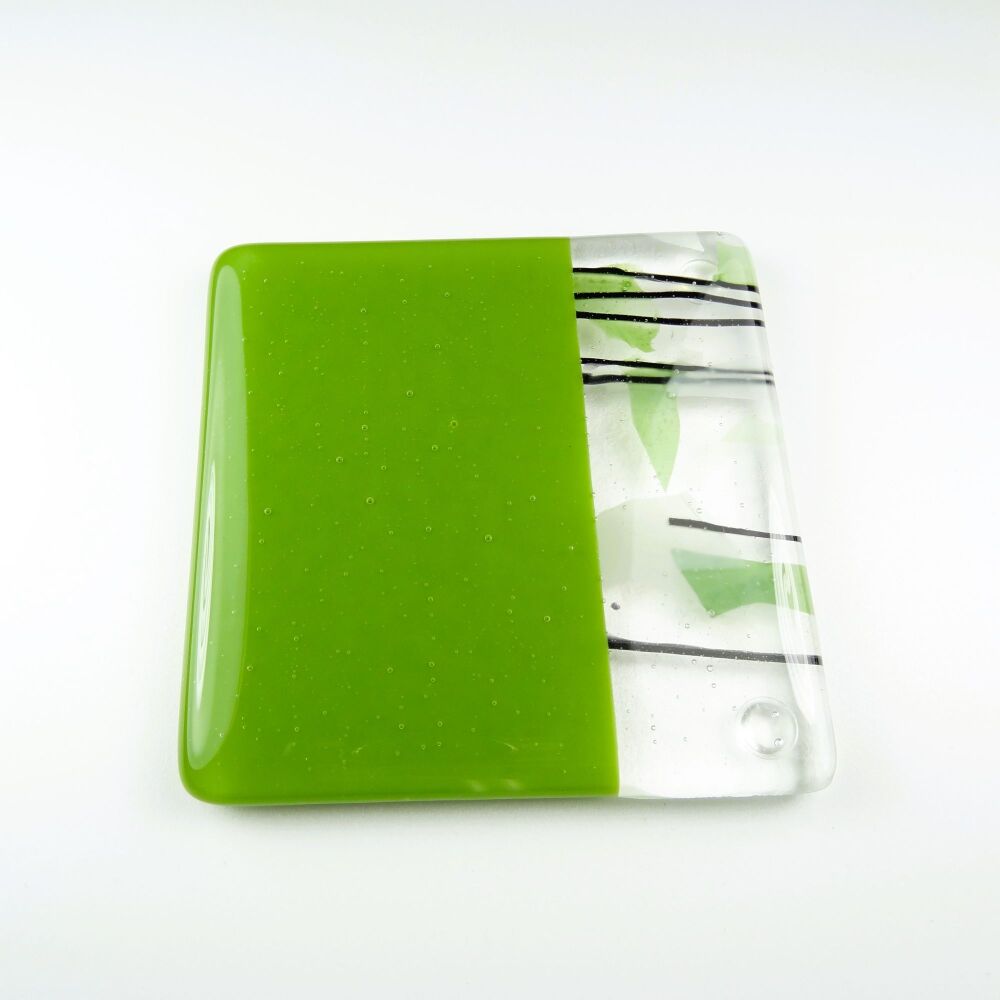 Handcrafted fused glass green collage coaster, with bumper feet, 9cm (#0142)