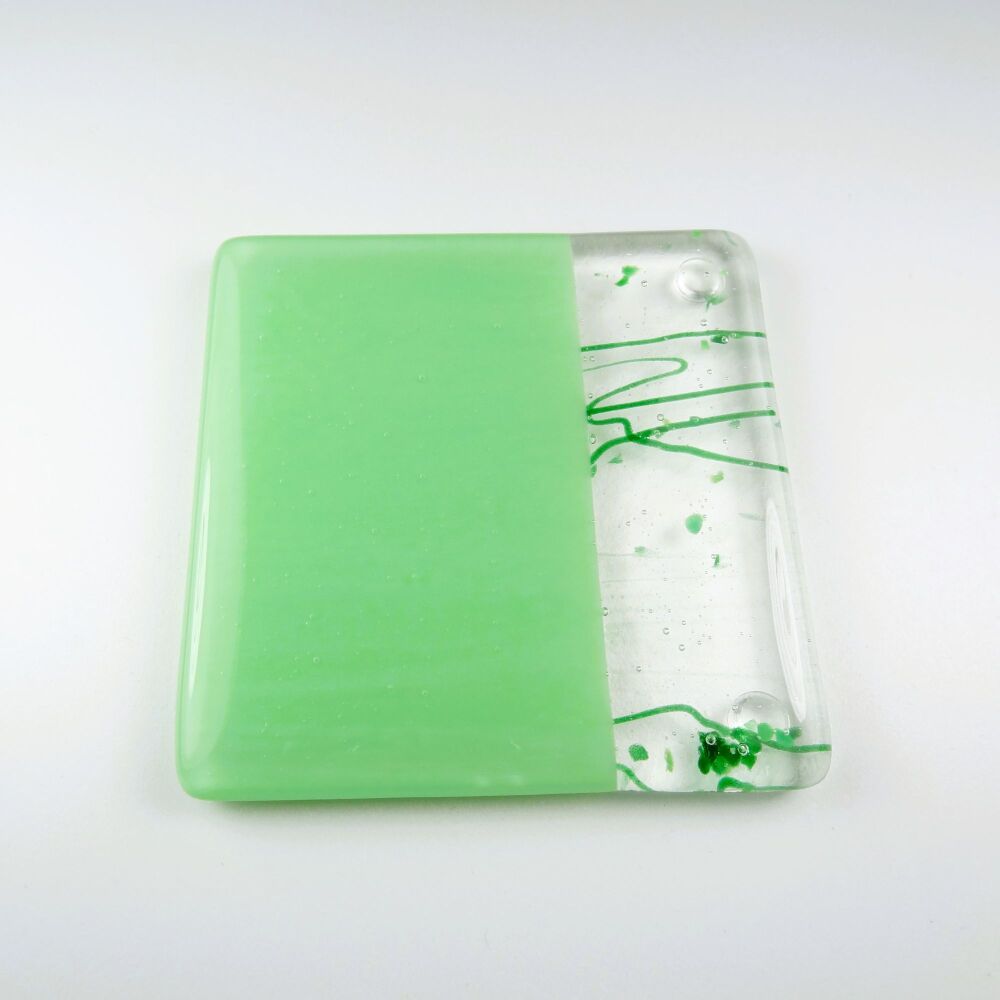Handcrafted fused glass green collage coaster, with bumper feet, 9cm (#0146)