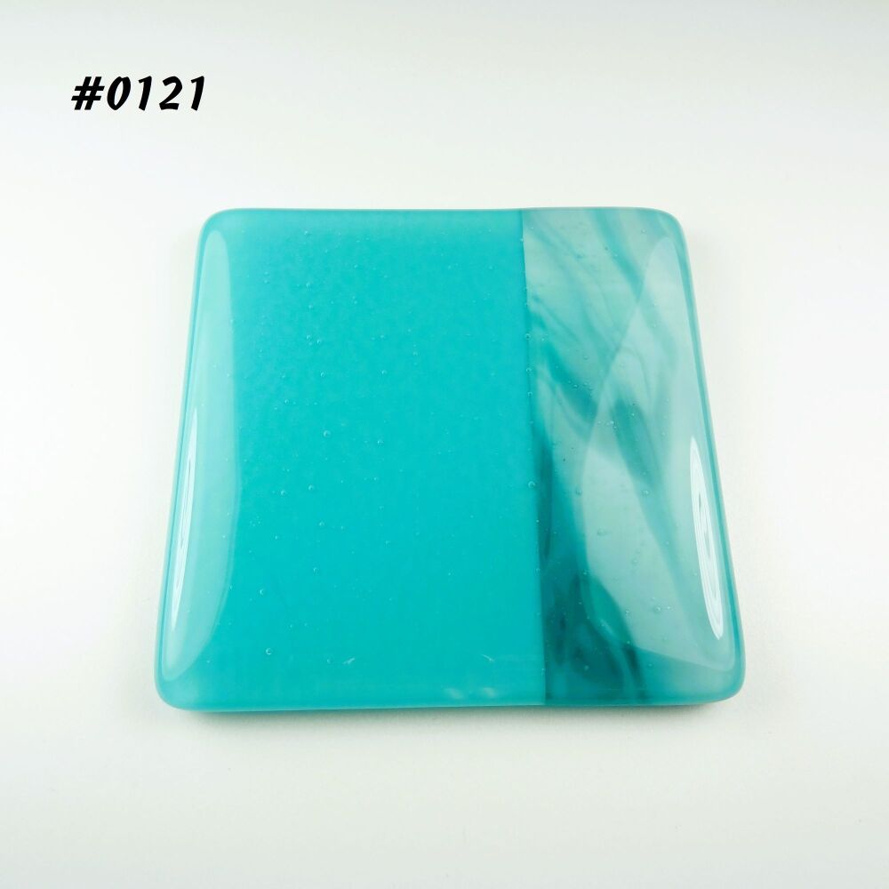 Handcrafted fused glass turquoise streaky coaster, with bumper feet, 9cm (#0121)