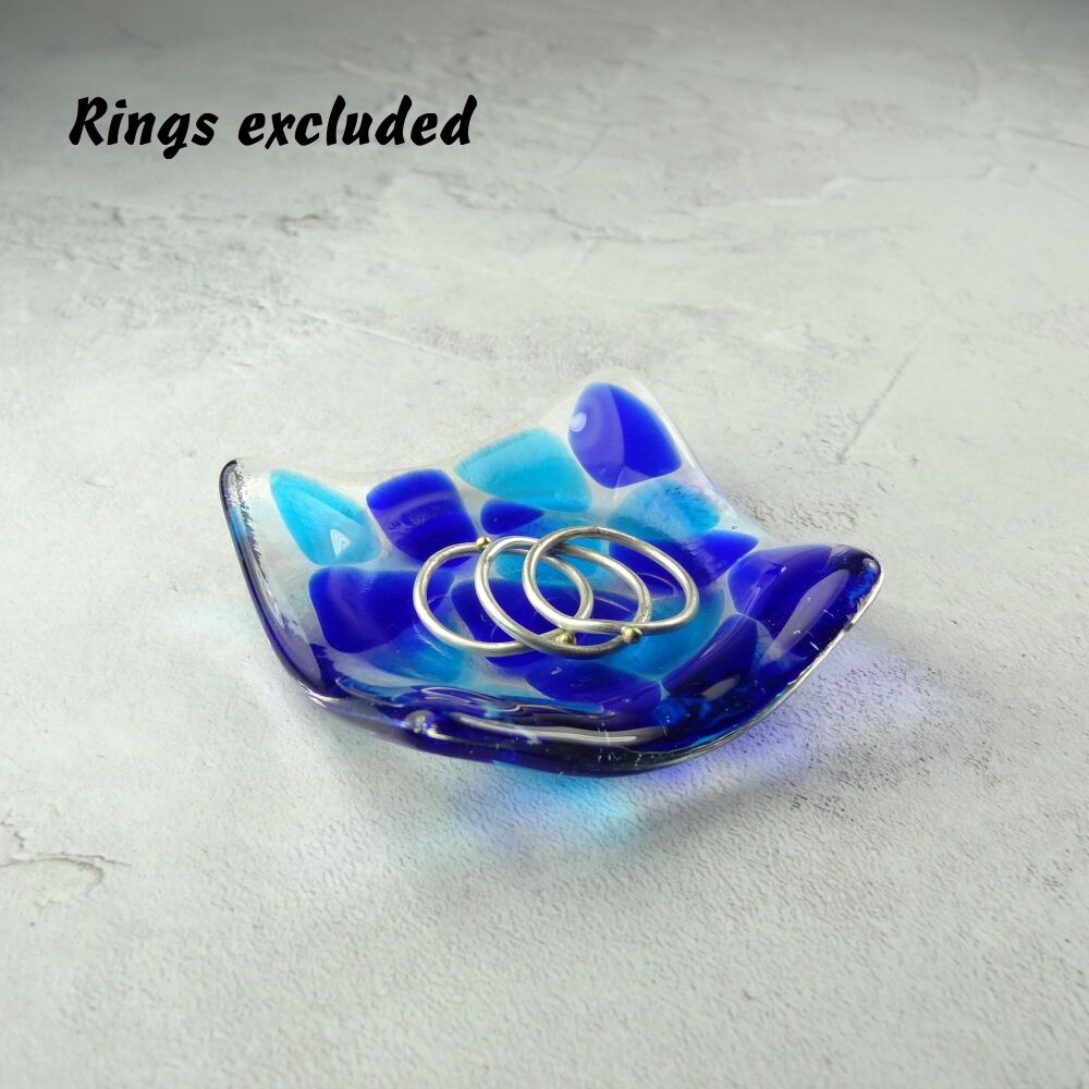 Blue mosaic fused glass trinket dish, rings, earrings, 5.5cm approx, handcrafted