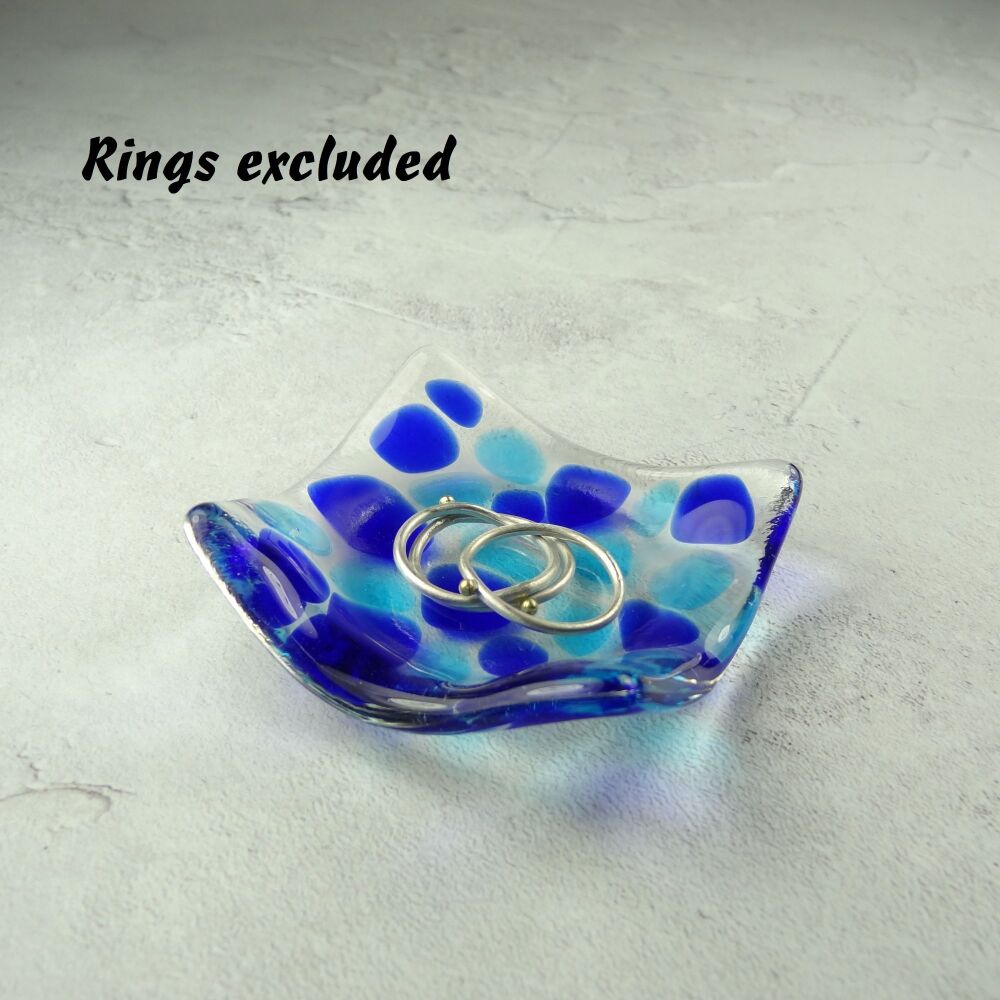 Blue mosaic fused glass trinket dish, rings, earrings, 5.5cm approx, handcrafted