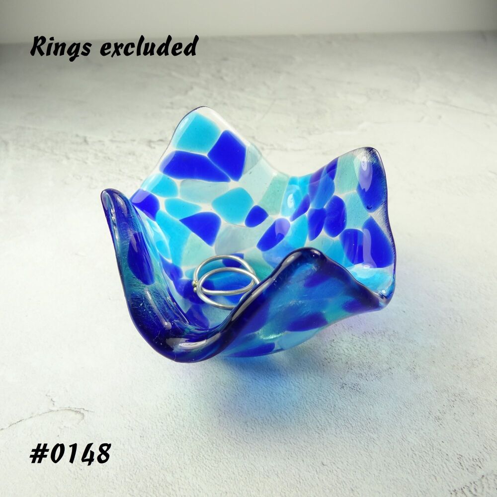 Blue mosaic fused glass trinket dish, rings, earrings, 8cm approx, handcrafted (#0148)