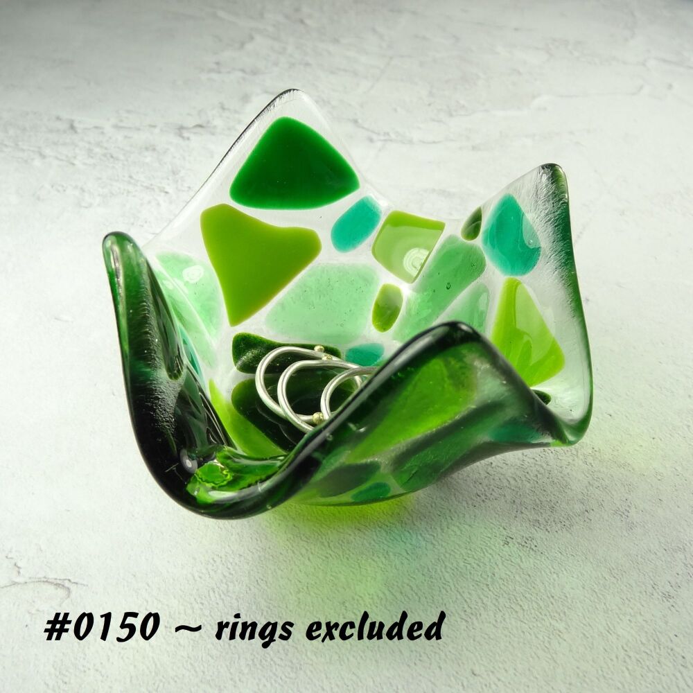 Green mosaic fused glass trinket dish, rings, earrings, 8cm approx, handcrafted (#0150)