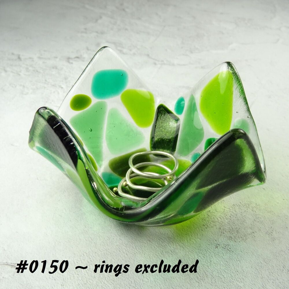 Green mosaic fused glass trinket dish, rings, earrings, 8cm approx, handcrafted (#0150)