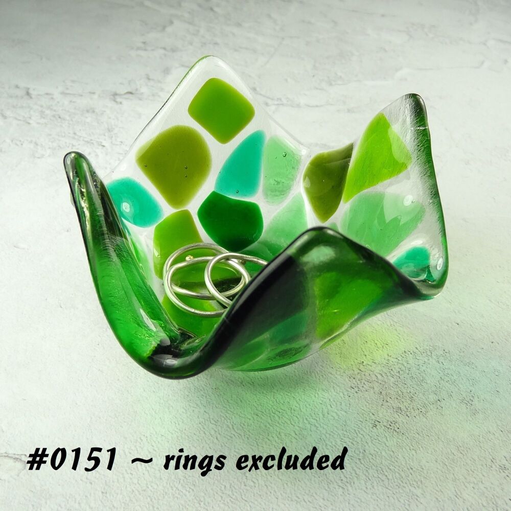 Green mosaic fused glass trinket dish, rings, earrings, 8cm approx, handcrafted (#0151)
