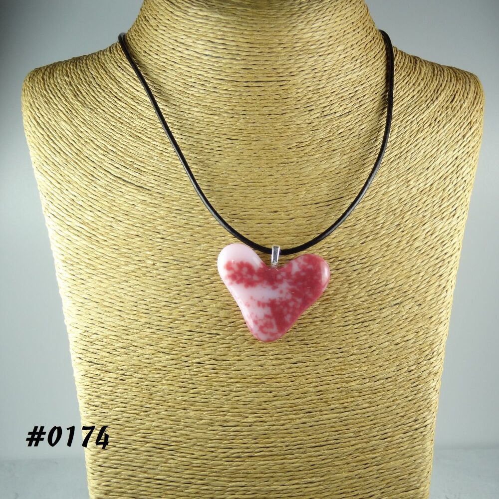 Pink handcrafted fused glass heart shaped pendant on a black leather cord with lobster clasp (#0174)