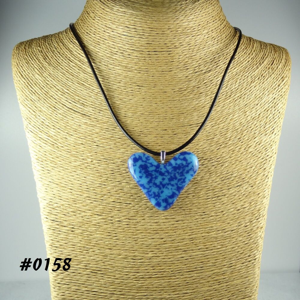 Blue handcrafted fused glass heart shaped pendant on a black leather cord with lobster clasp (#0158)