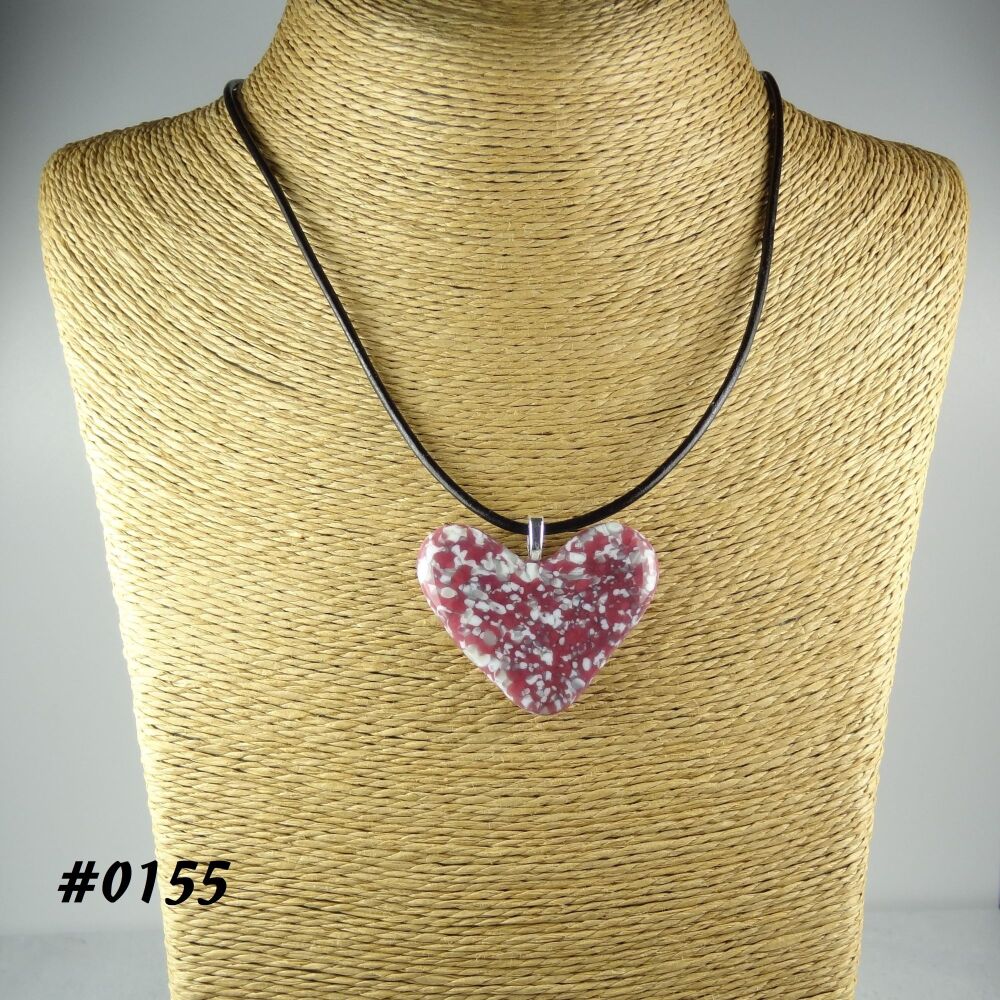 Pink white grey handcrafted fused glass heart shaped pendant on a black leather cord with lobster clasp (#0155)