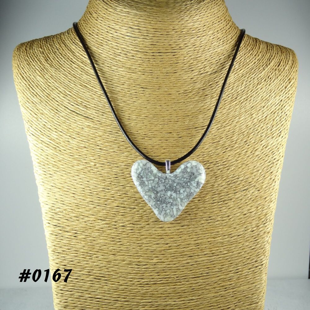 Grey handcrafted fused glass heart shaped pendant on a black leather cord with lobster clasp (#0167)