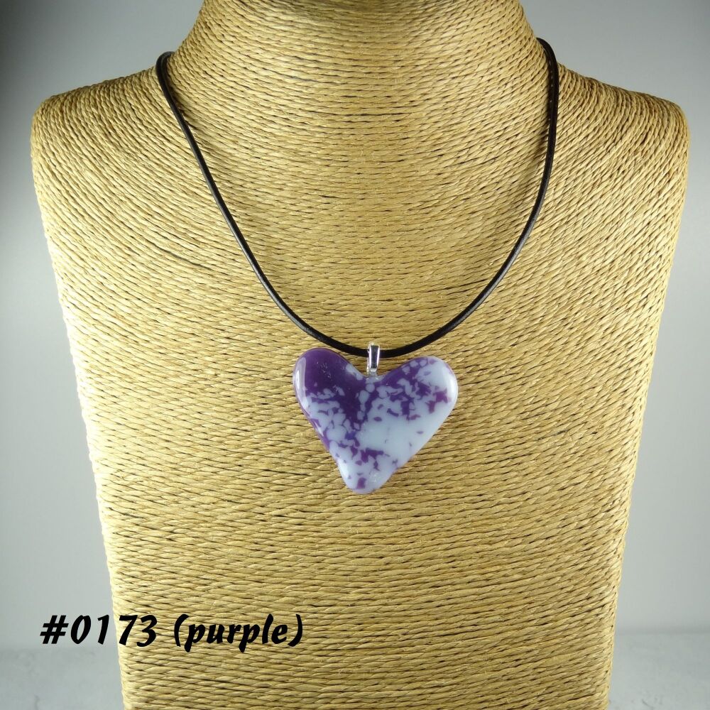 Purple handcrafted fused glass heart shaped pendant on a black leather cord with lobster clasp (#0173)
