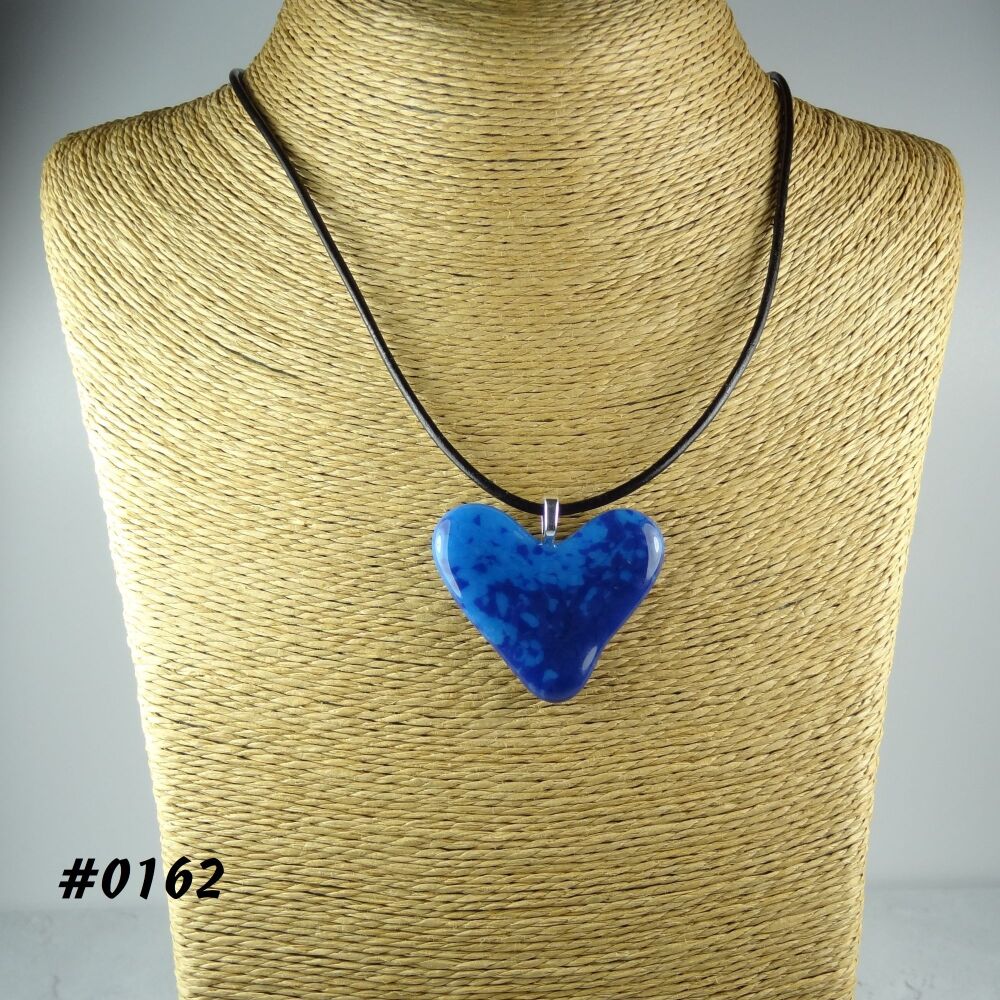 Blue handcrafted fused glass heart shaped pendant on a black leather cord with lobster clasp (#0162)