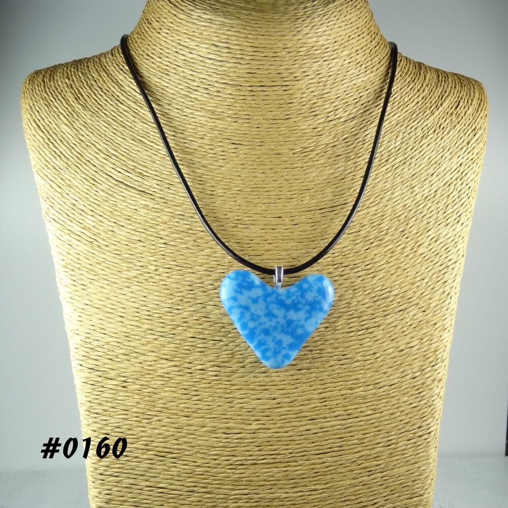 Blue handcrafted fused glass heart shaped pendant on a black leather cord with lobster clasp (#0160)