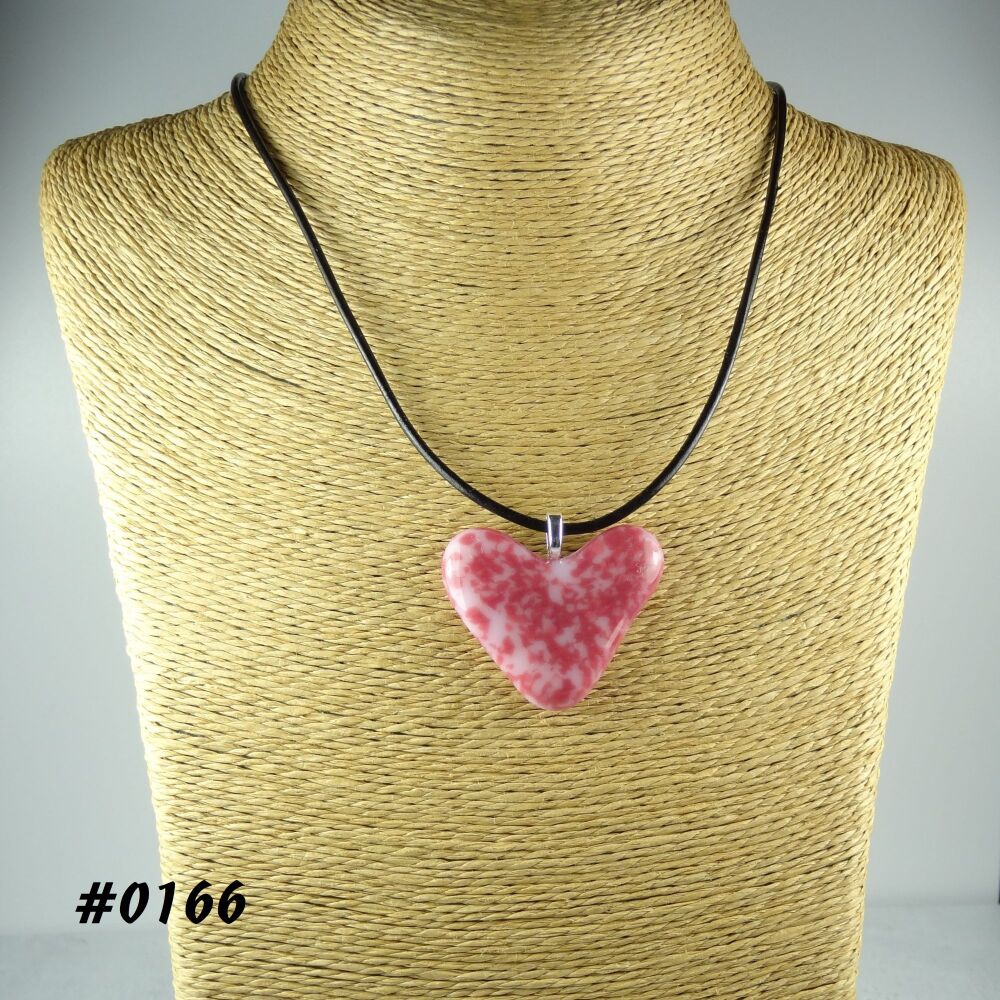 Pink handcrafted fused glass heart shaped pendant on a black leather cord with lobster clasp (#0166)