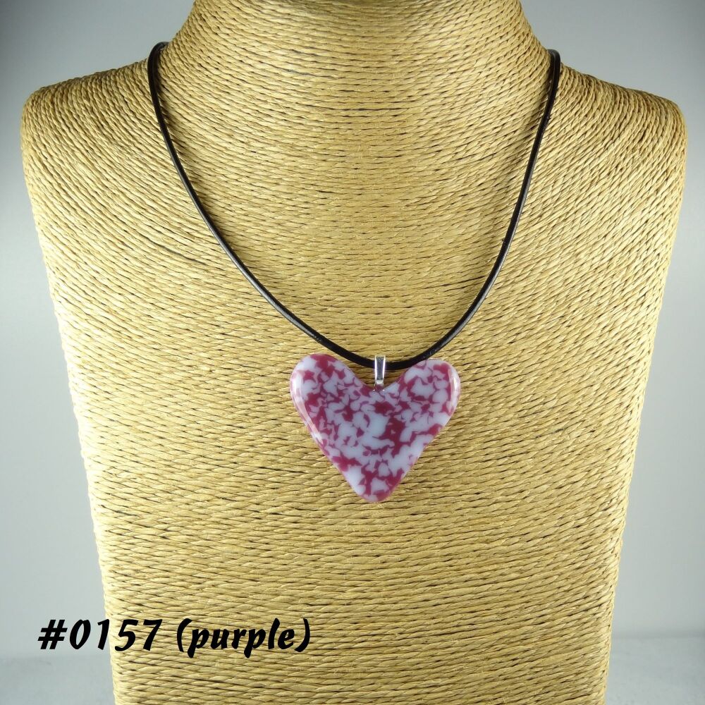 Purple handcrafted fused glass heart shaped pendant on a black leather cord with lobster clasp (#0157)