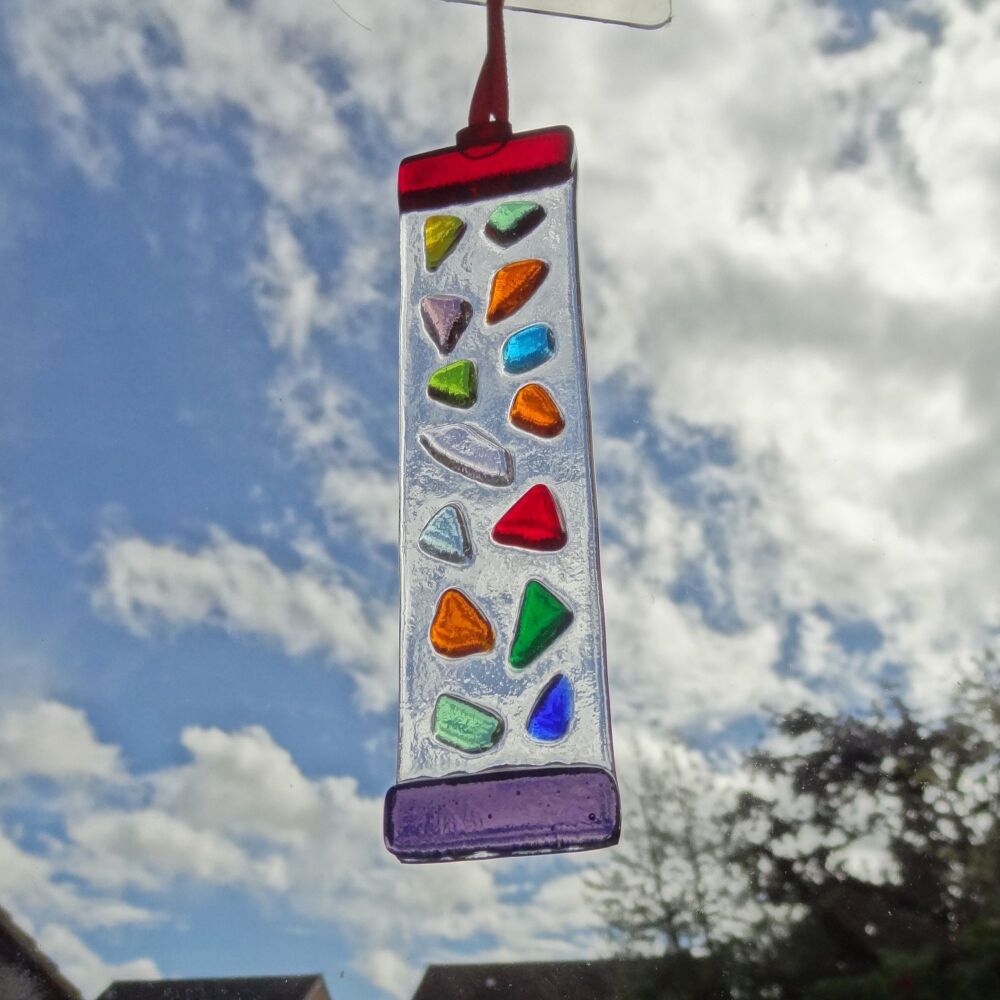 Handcrafted multi-coloured mosaic patterned fused glass long suncatcher - 3cm x 12cm (#0130)
