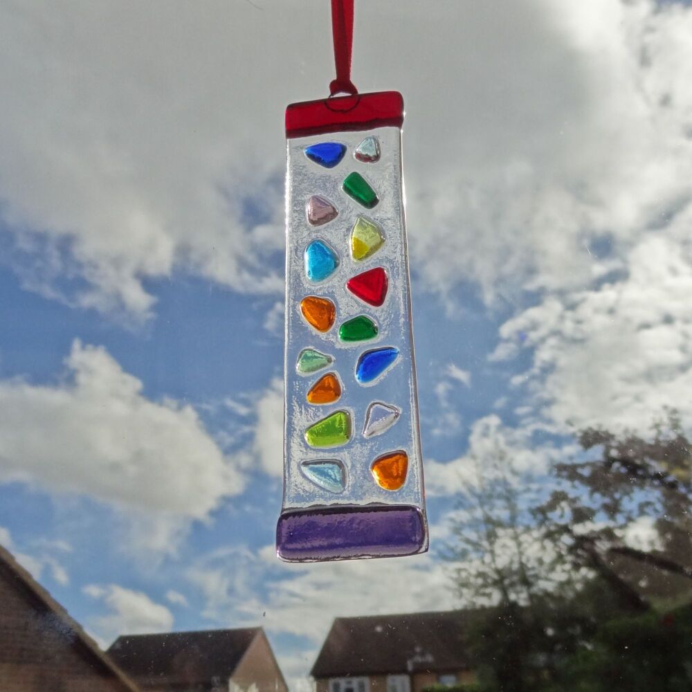 Handcrafted multi-coloured mosaic patterned fused glass long suncatcher - 3cm x 12cm (#0124)