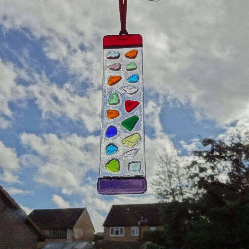 Handcrafted multi-coloured mosaic patterned fused glass long suncatcher - 3cm x 12cm (#0123)