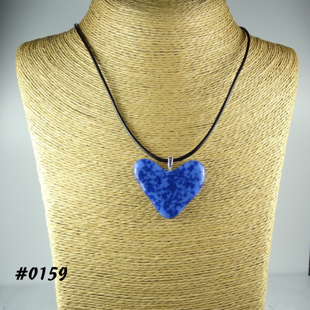 Blue handcrafted fused glass heart shaped pendant on a black leather cord with lobster clasp (#0159)