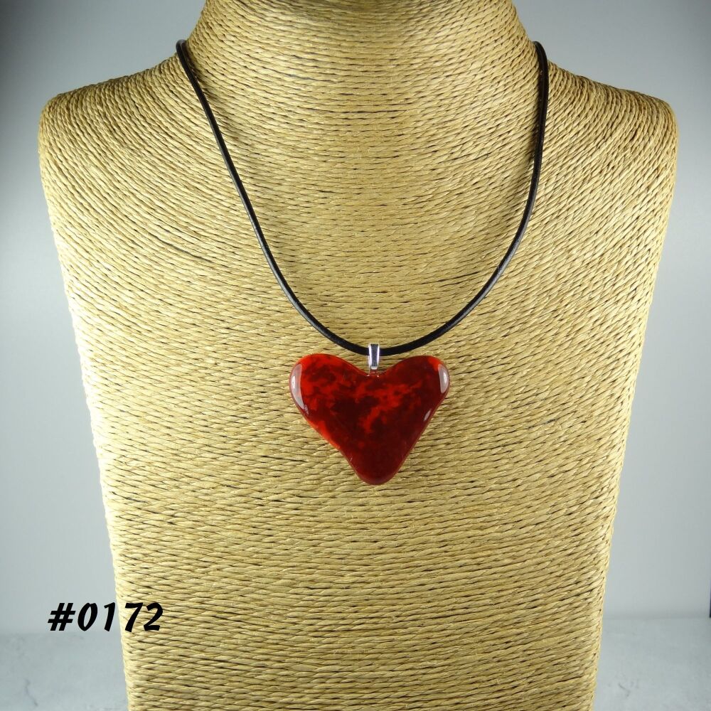 Red handcrafted fused glass heart shaped pendant on a black leather cord with lobster clasp (#0172)