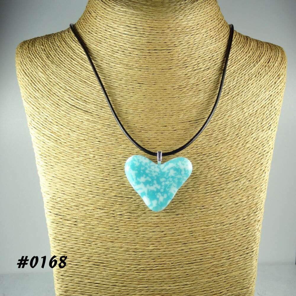 Turquoise-blue handcrafted fused glass heart shaped pendant on a black leather cord with lobster clasp (#0168)