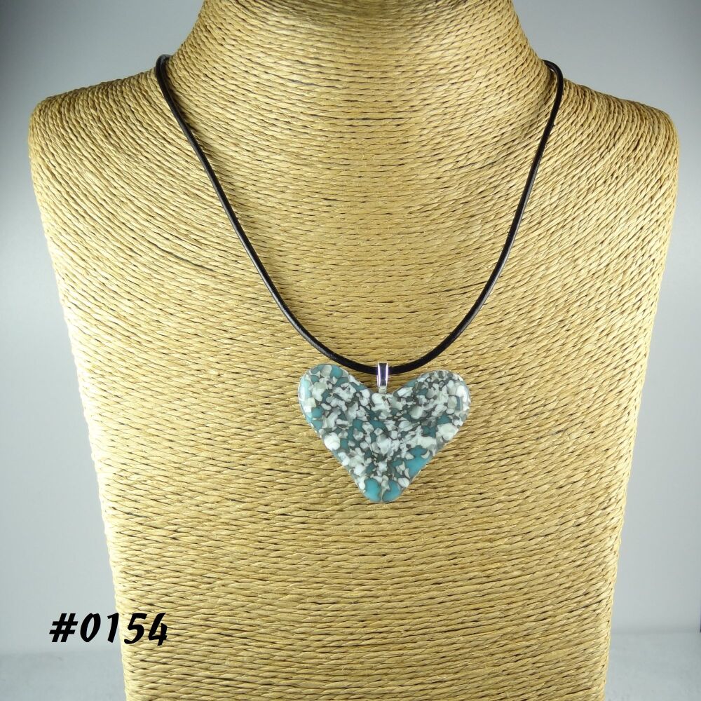 Turquoise-blue white grey handcrafted fused glass heart shaped pendant on a black leather cord with lobster clasp (#0154)