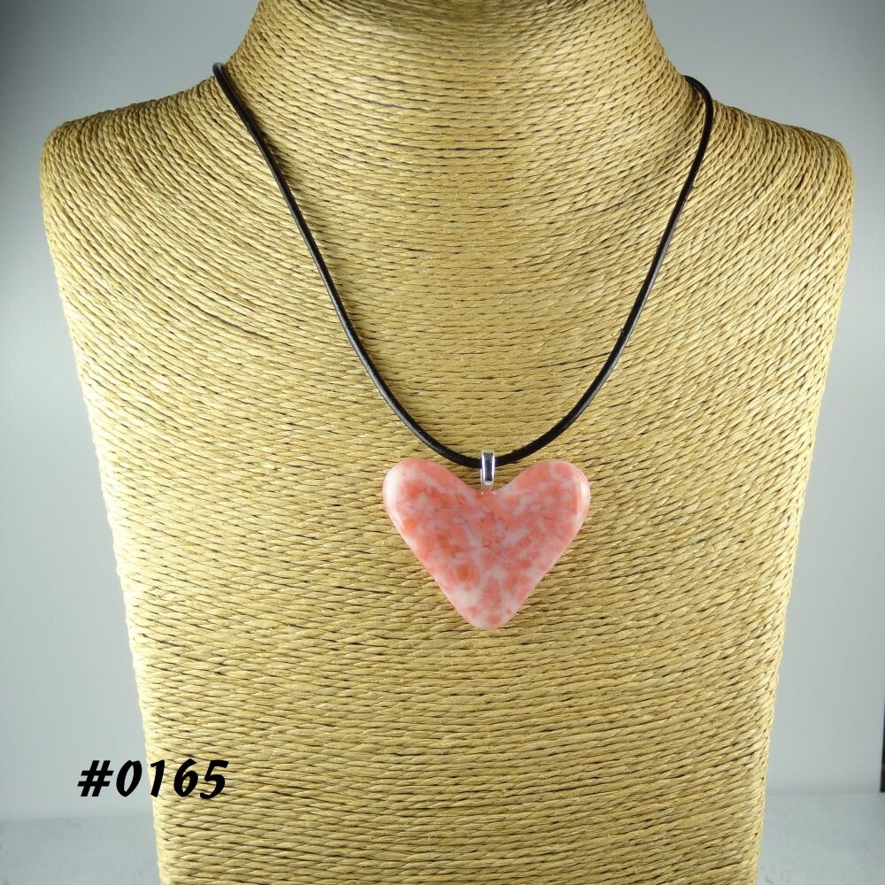 Pink handcrafted fused glass heart shaped pendant on a black leather cord with lobster clasp (#0165)