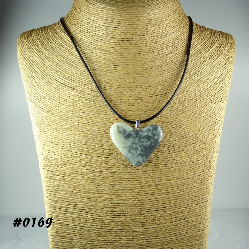 Grey handcrafted fused glass heart shaped pendant on a black leather cord with lobster clasp (#0169)