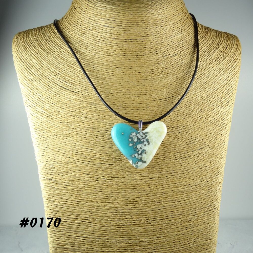 Turquoise blue cream handcrafted fused glass heart shaped pendant on a black leather cord with lobster clasp (#0170)