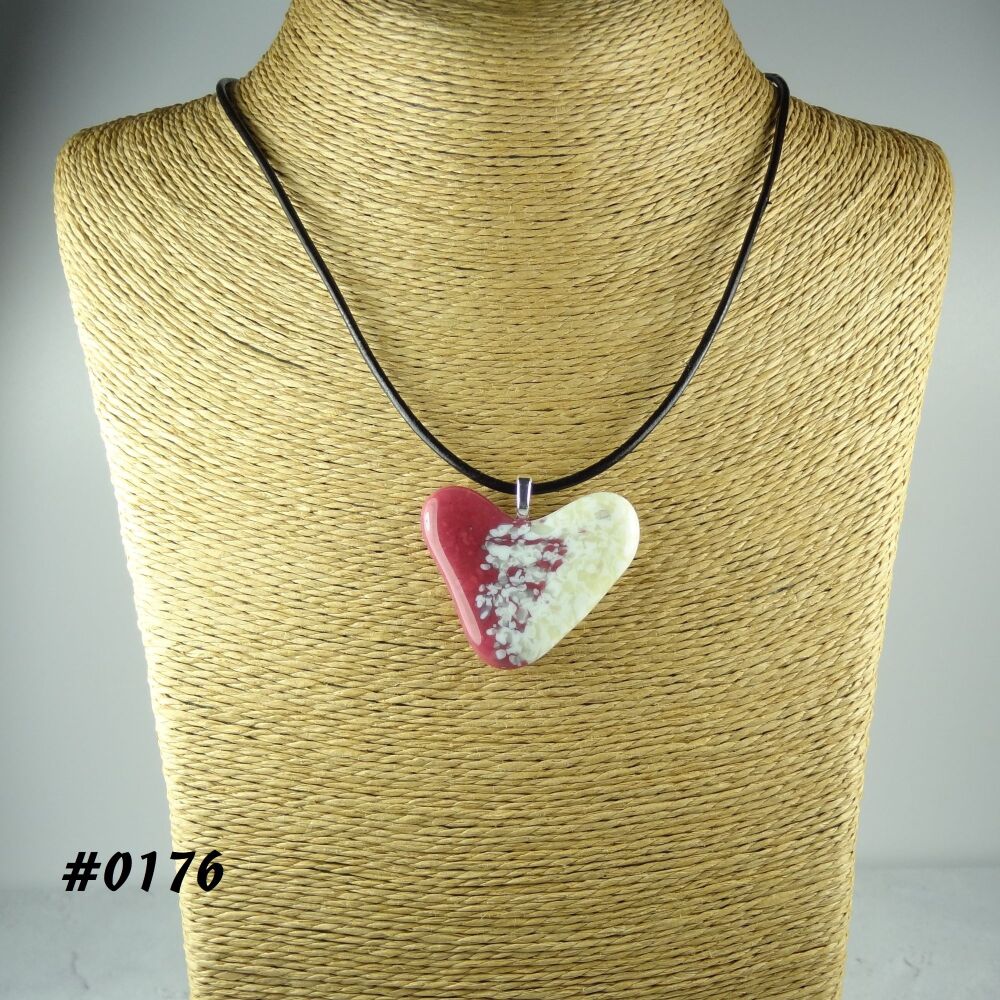 Pink cream handcrafted fused glass heart shaped pendant on a black leather cord with lobster clasp (#0176)