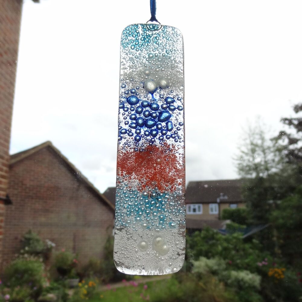 Handcrafted bubble fused glass suncatcher - blue white orange - 3cm x 12cm (#0132)
