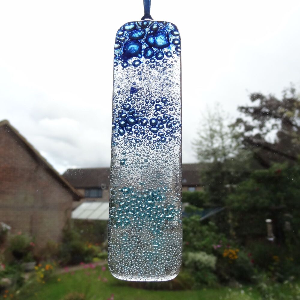 Handcrafted bubble fused glass suncatcher - blue and turquoise - 3cm x 12cm (#0129)