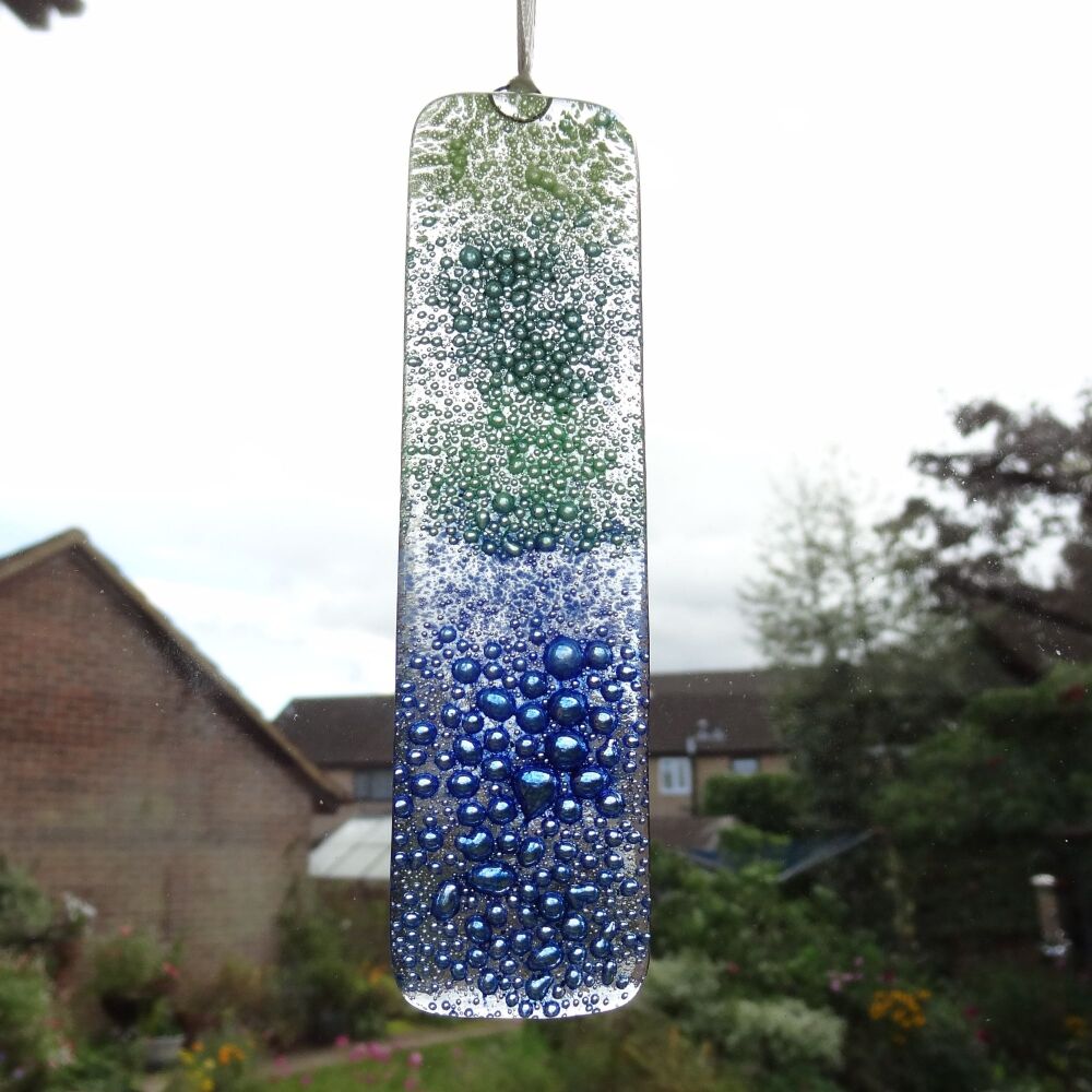 Handcrafted bubble fused glass suncatcher - blue and green - 3cm x 12cm (#0122)