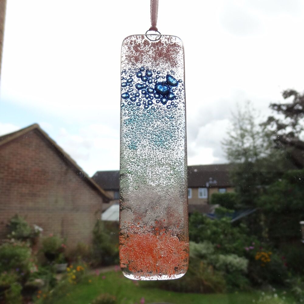 Handcrafted bubble fused glass suncatcher - pink blue green orange - 3cm x 12cm (#0125)