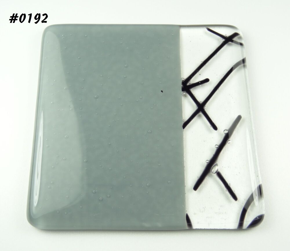 Handcrafted fused glass grey collage coaster, with bumper feet, 9cm (#0192)