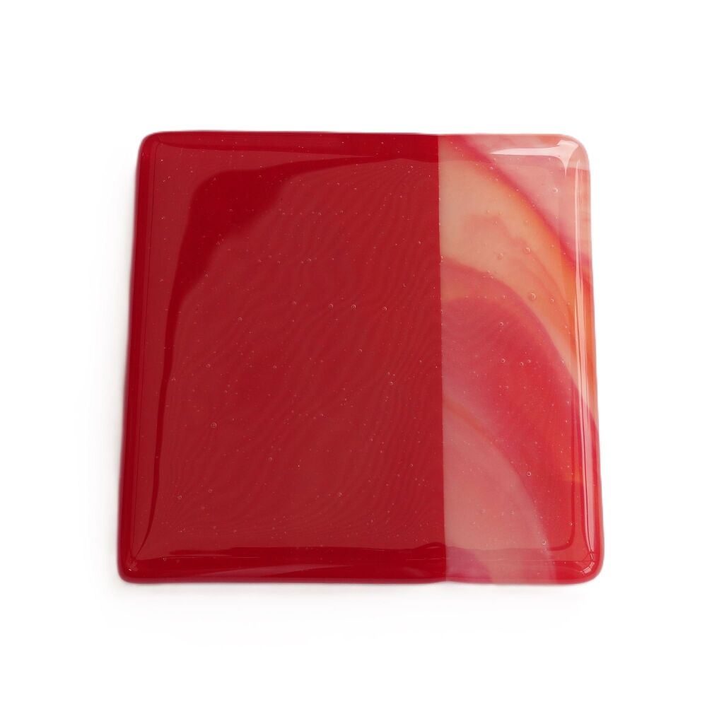 Fused glass red streaky coaster, with bumper feet, handcrafted, 9cm (#0182)