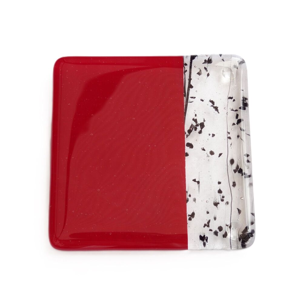 Fused glass red/black collage coaster, with bumper feet, handcrafted, 9cm (#0177)