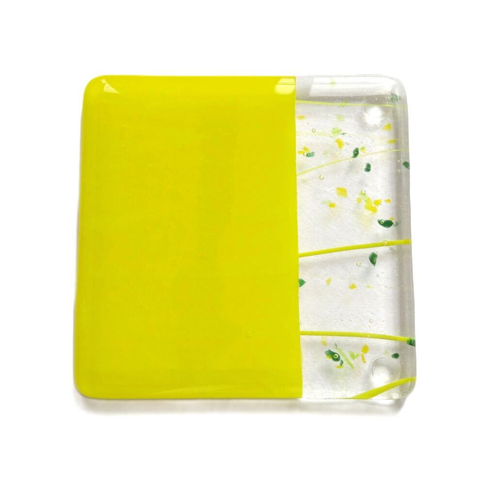 Fused glass yellow collage coaster, with bumper feet, handcrafted, 9cm (#0185)