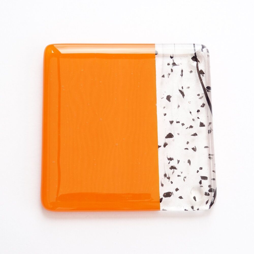 Fused glass orange/black collage coaster, with bumper feet, handcrafted, 9cm (#0186)