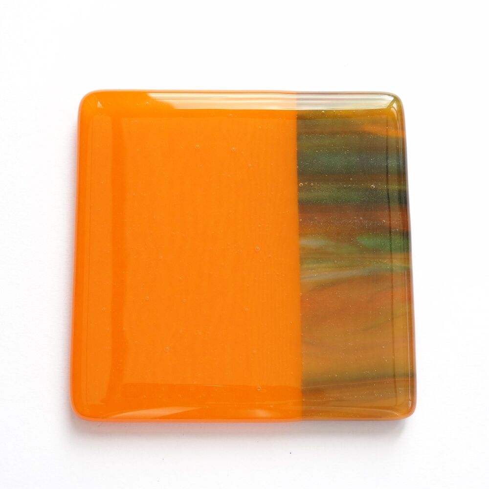 Fused glass orange/green streaky coaster, with bumper feet, handcrafted, 9cm (#0181)