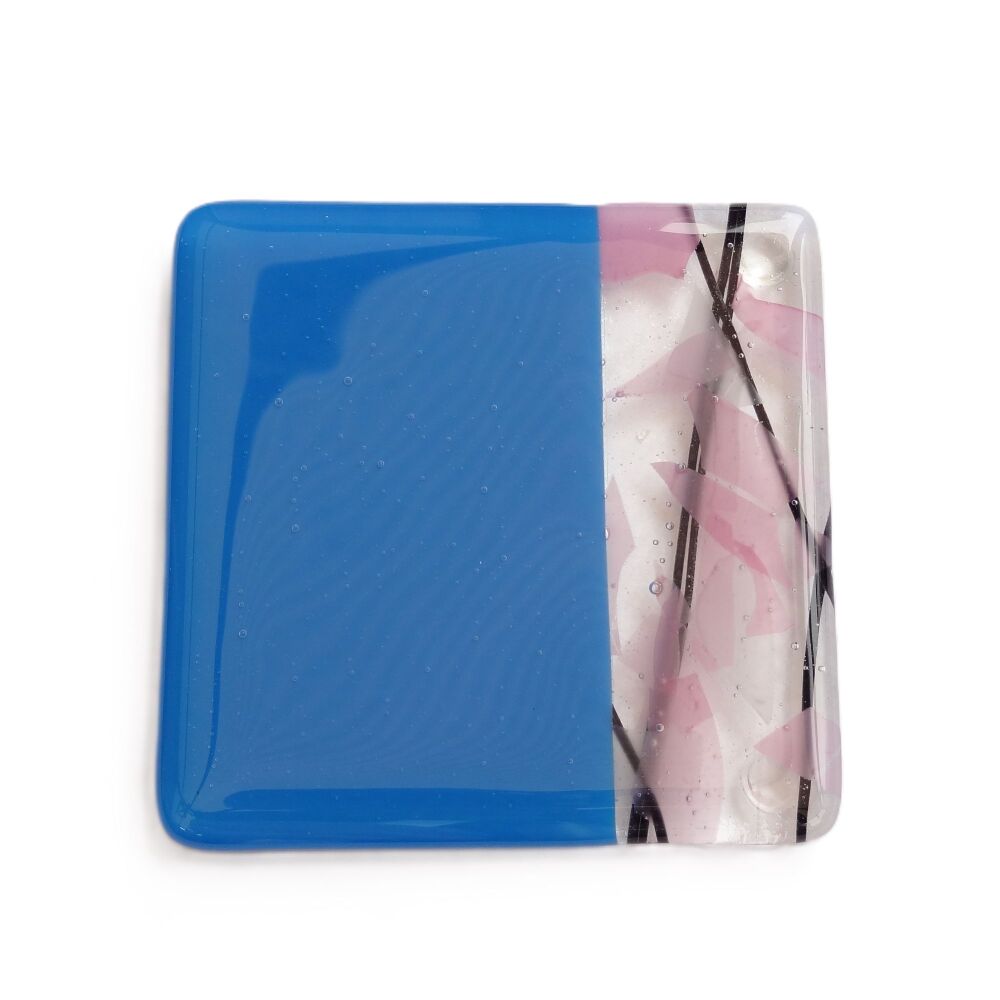 Fused glass blue & pink collage coaster, with bumper feet, handcrafted, 9cm (#0180)