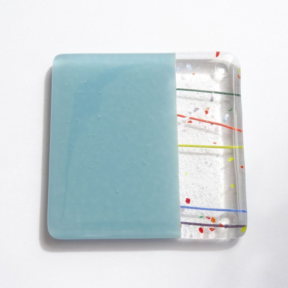 Fused glass blue collage coaster, with bumper feet, handcrafted, 9cm (#0194)