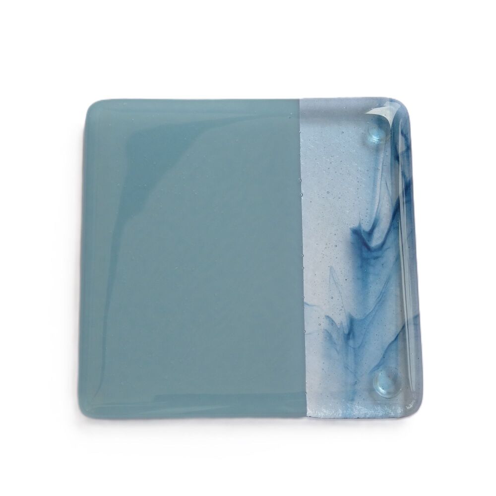 Fused glass blue streaky coaster, with bumper feet, handcrafted, 9cm (#0184)