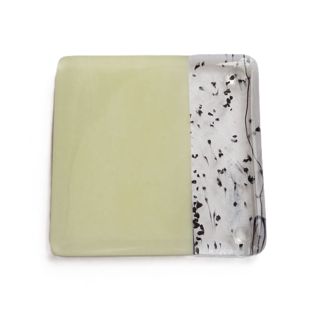 Fused glass cream/black collage coaster, with bumper feet, handcrafted, 9cm (#0187)