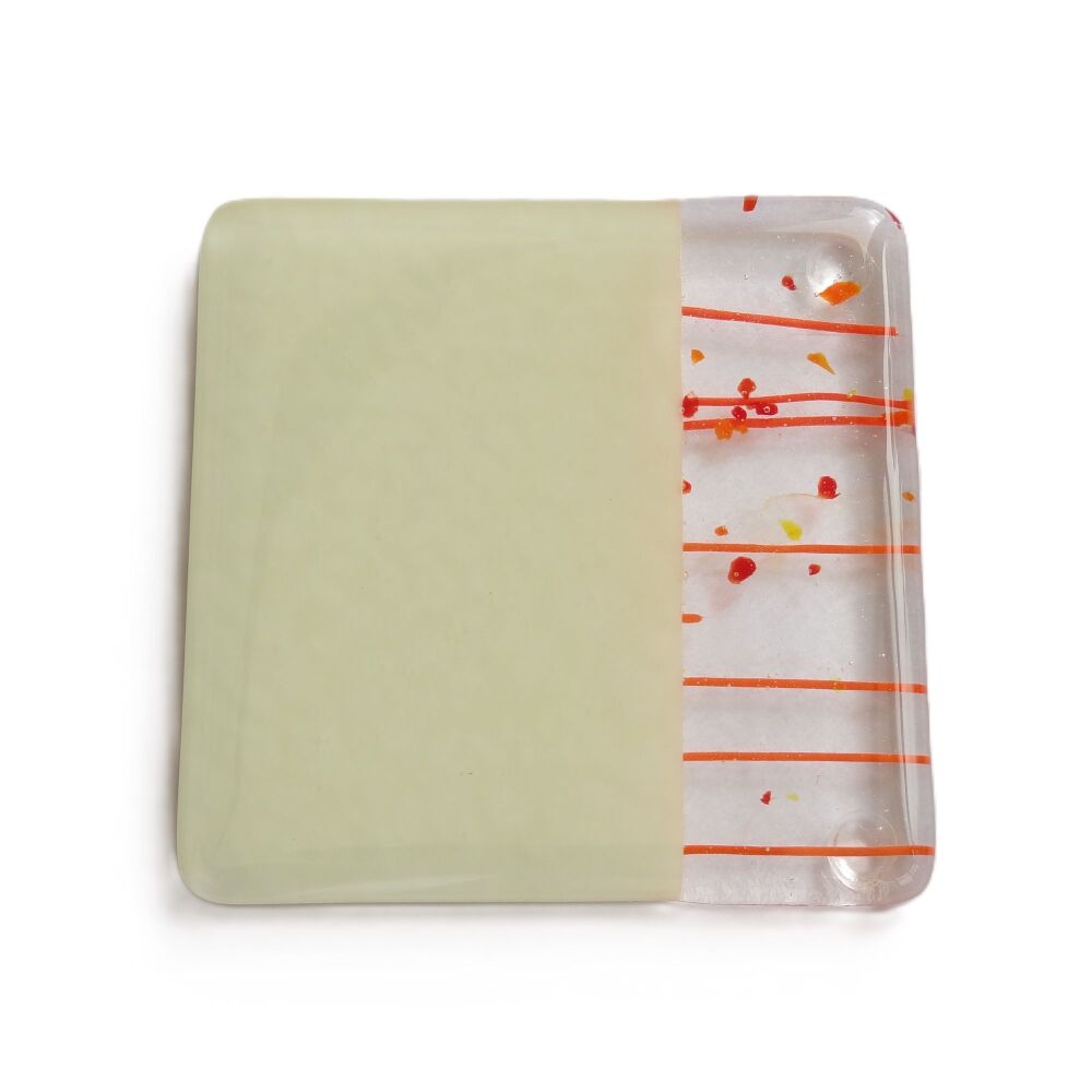 Fused glass cream/orange coaster, with bumper feet, handcrafted, 9cm (#0188)