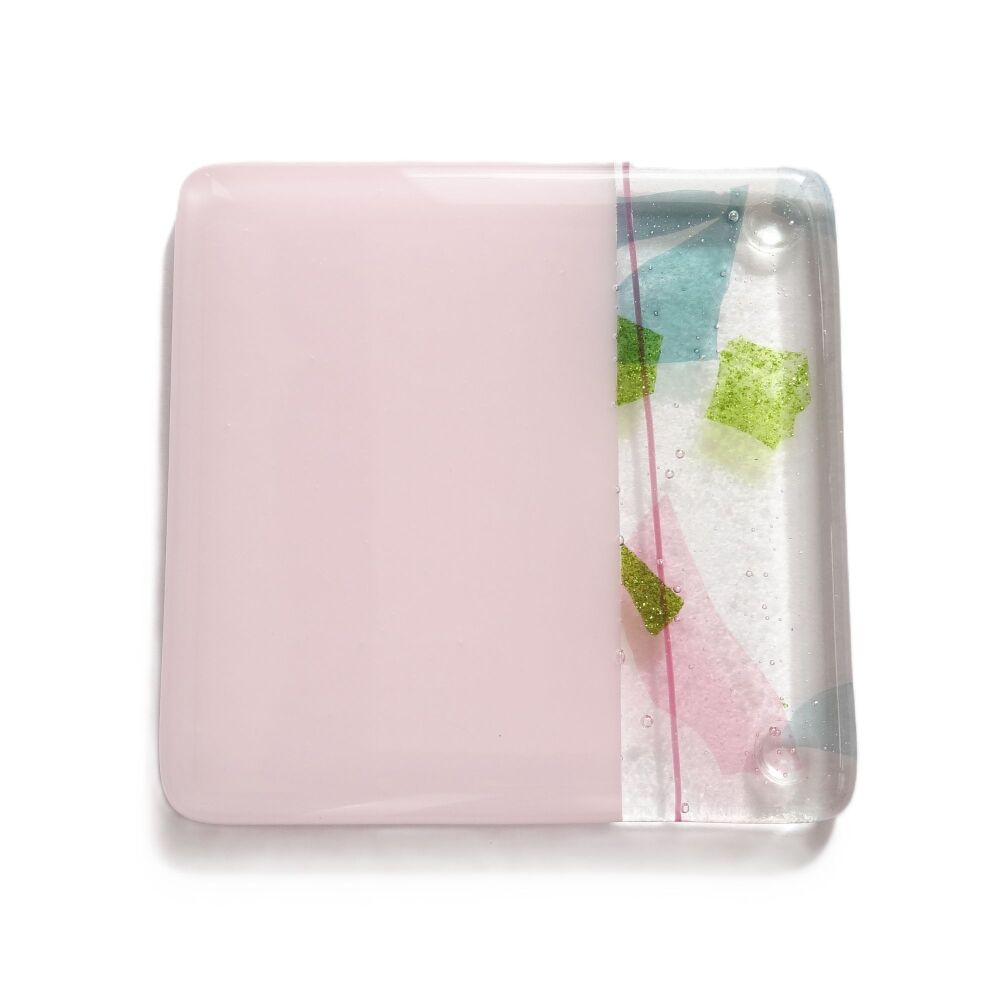 Fused glass pink collage coaster, with bumper feet, handcrafted, 9cm (#0178)