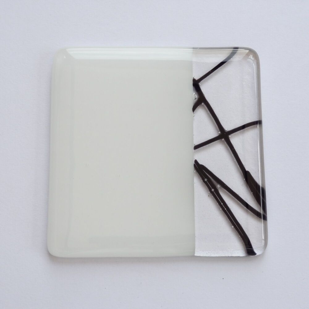 Fused glass white/black coaster, with bumper feet, handcrafted, 9cm (#0197)